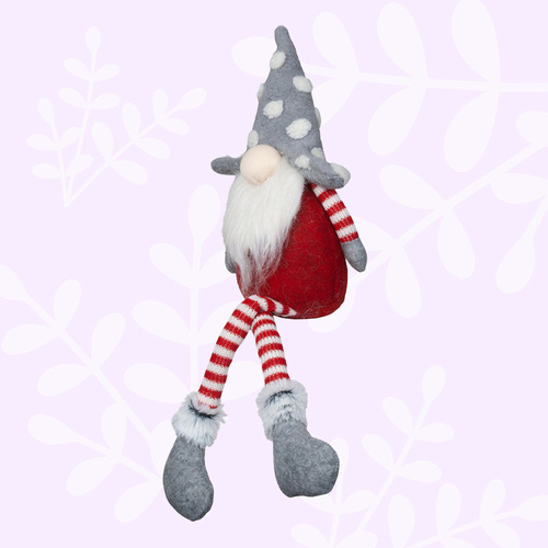 47cm Gnome Shelf Sitter with Stripey Legs & Grey Spotty Hat