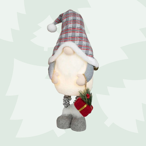85cm LED Extendable Christmas Gnome With Tartan Hat - Grey