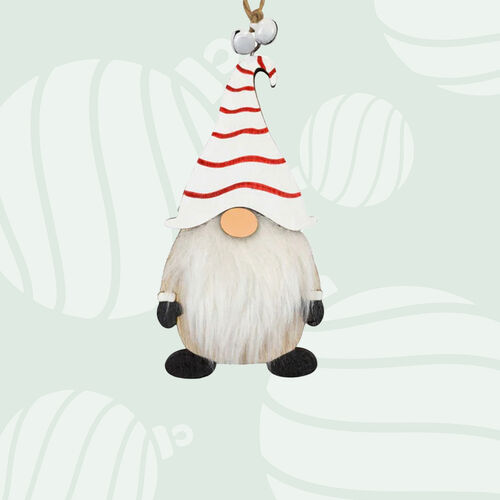 6cm Wooden Christmas Figurine Hanging Decoration- White Stripey Hat