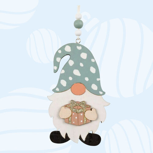 8cm Wooden Gnome With Blue Spotty Hat & Present